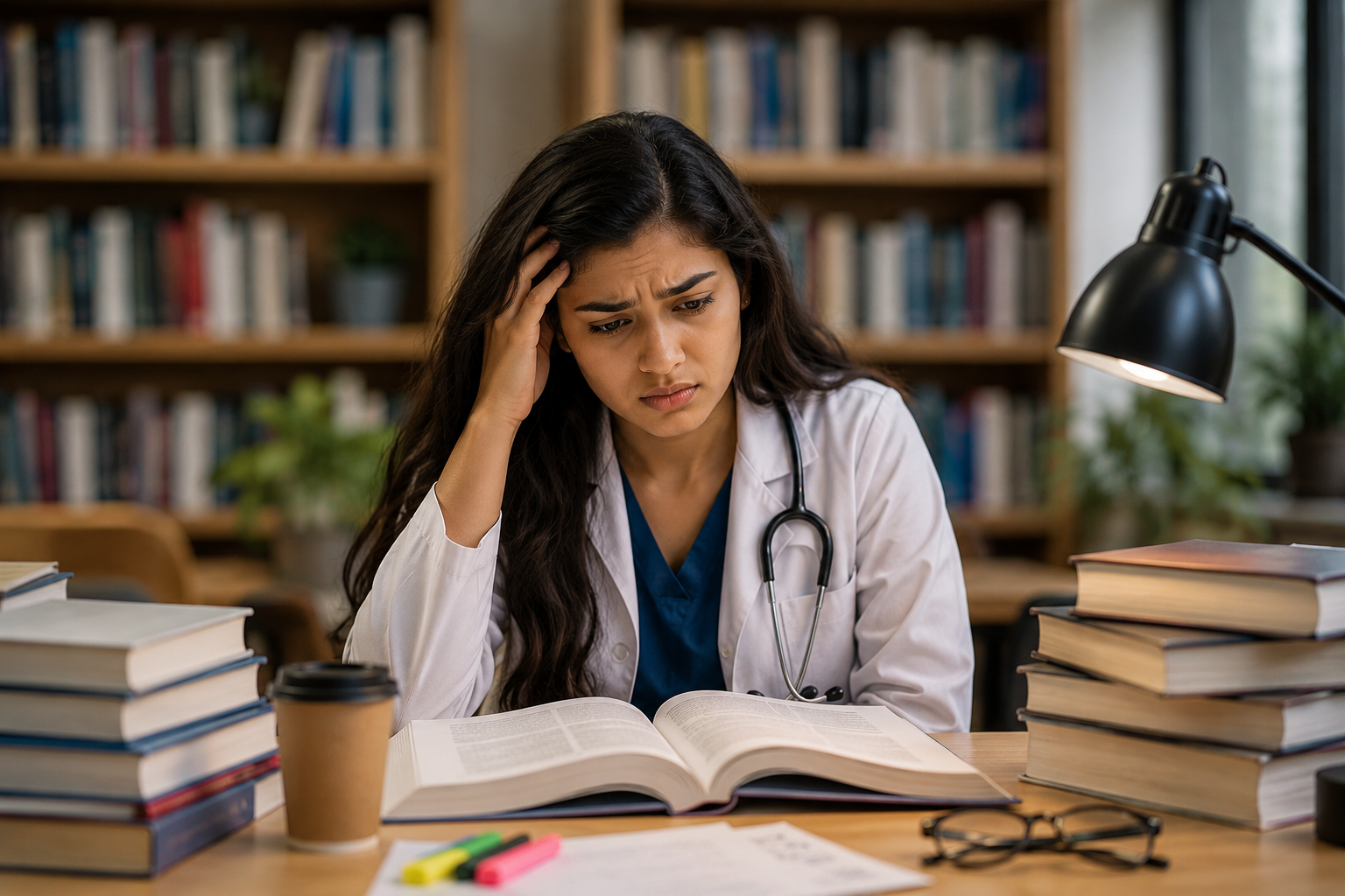 Confused MBBS abroad student studying medical books while facing uncertainty about career decisions and exam preparation."