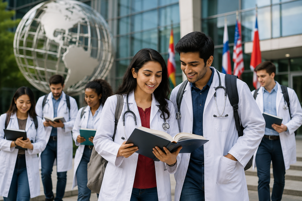 MBBS abroad students discussing FMGE vs NExT 2026 outside an international medical university campus while preparing for India's medical licensing exam.