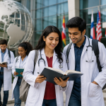 MBBS abroad students discussing FMGE vs NExT 2026 outside an international medical university campus while preparing for India's medical licensing exam.