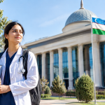 Medical student in a white coat with a stethoscope standing outside a modern medical university campus in Uzbekistan, representing MBBS education abroad.