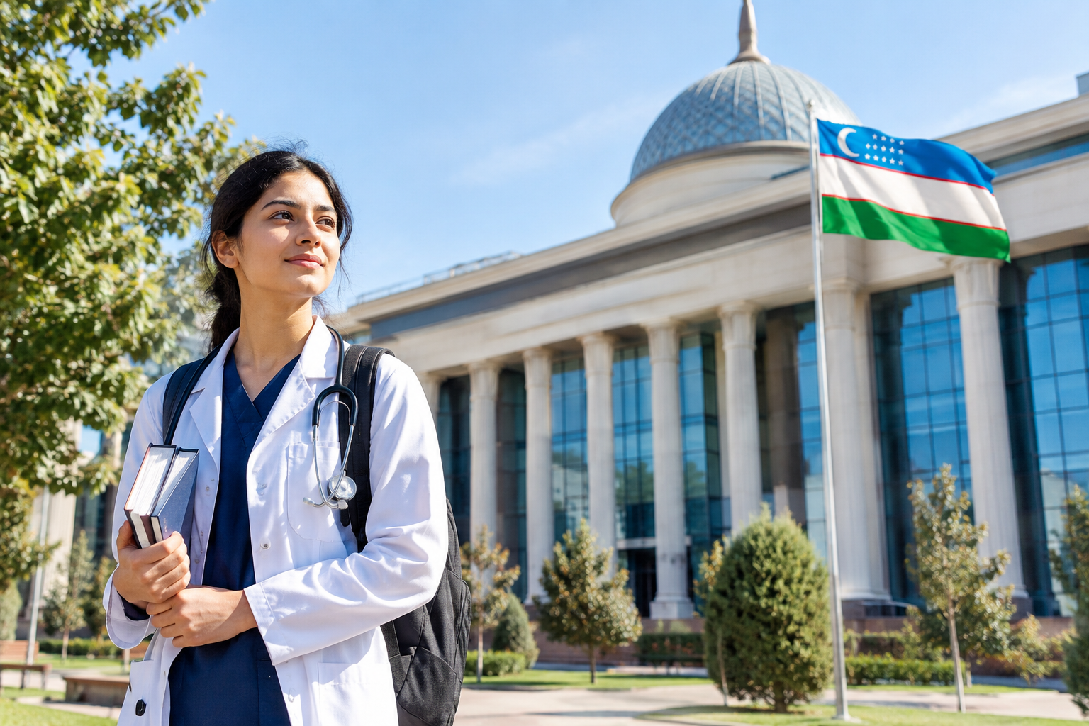 Medical student in a white coat with a stethoscope standing outside a modern medical university campus in Uzbekistan, representing MBBS education abroad.